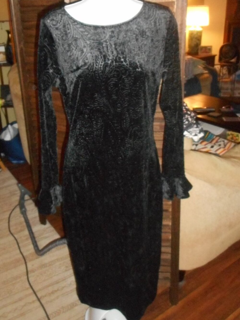 Vintage holiday black velvet jacquard paisley dress, size small